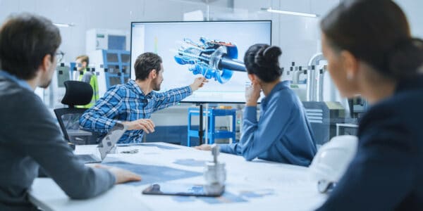 Modern Factory Office Meeting Room: Diverse Team of Engineers, Managers and Investors Talking at Conference Table, Use Interactive TV, Analyze Sustainable Energy Engine Blueprints. High-Tech Facility