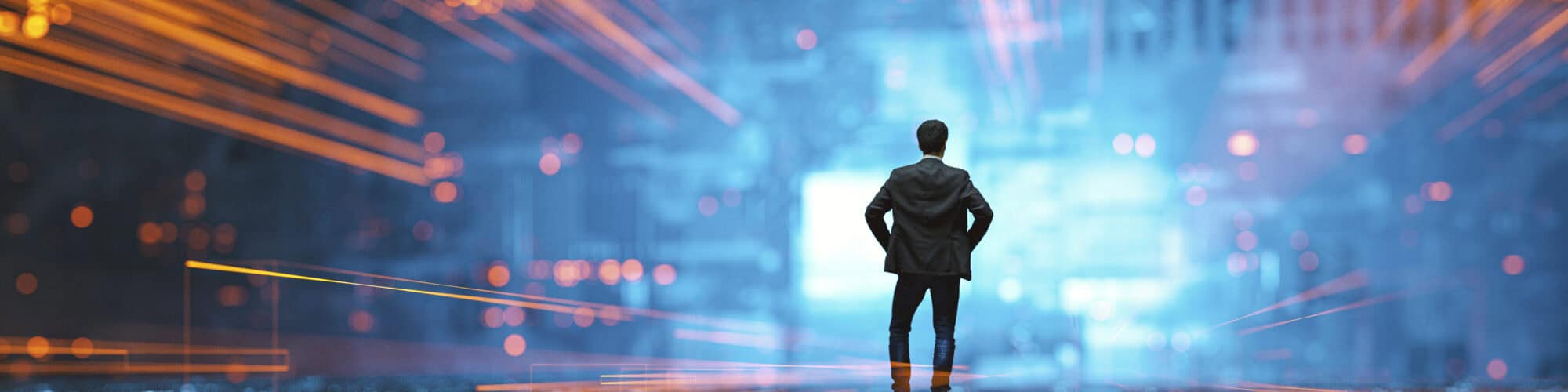 Futuristic city VR wire frame with businessman standing. This is entirely 3D generated image.