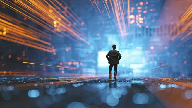 Futuristic city VR wire frame with businessman standing. This is entirely 3D generated image.